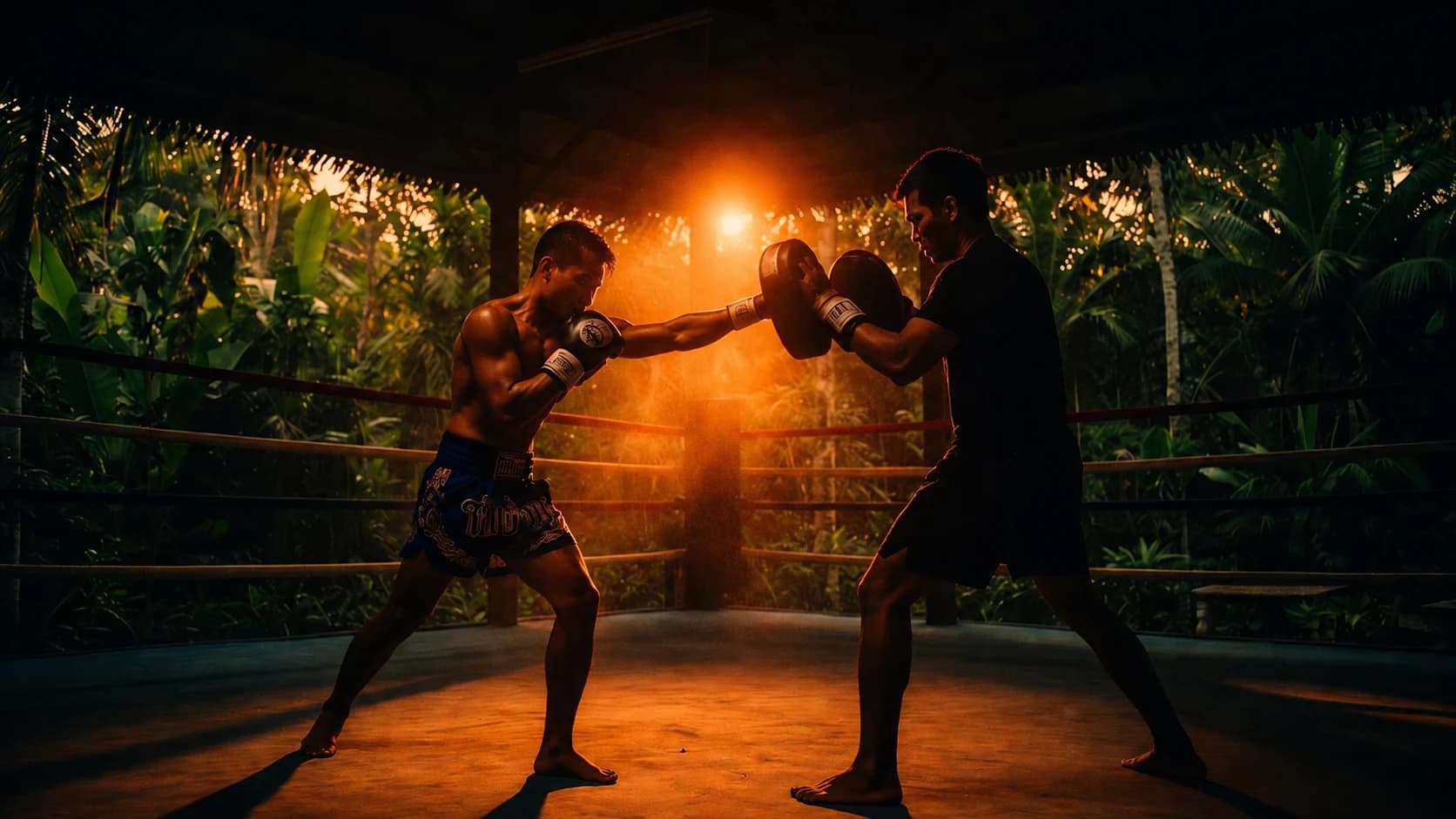 Deux combattants de Muay Thai en sparring sur un ring au coucher du soleil, lumière orangée et jungle de Koh Samui en arrière-plan